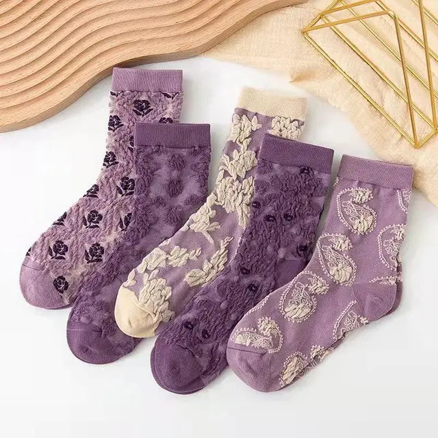 5 Pairs Vintage Flower Embroidery Socks