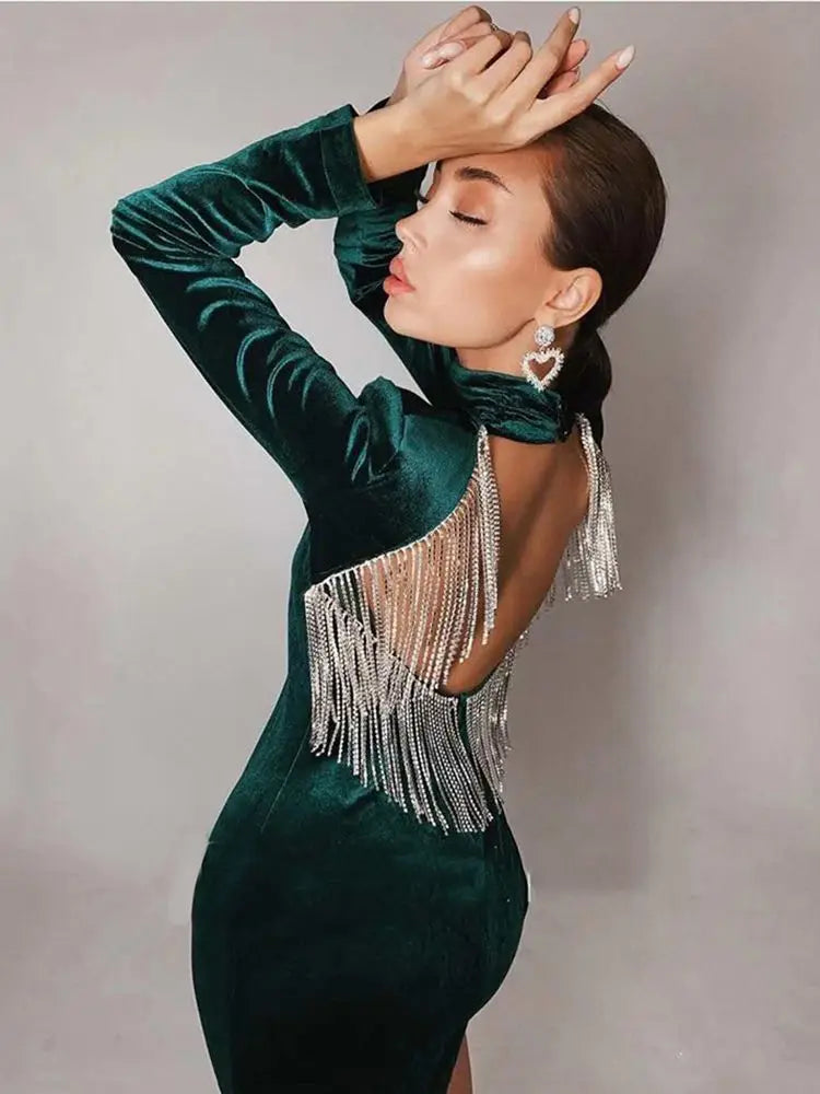 Sexy Backless Diamond Tassel Velvet Dress Women&