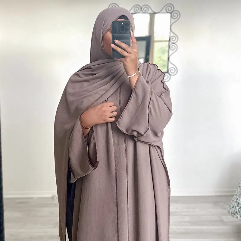 Three Piece Abaya Set With Hijab Free Belt Jazz Crepe Kimono Sleeveless Under Dress EID Ramadan Muslim Women Islamic Clothing