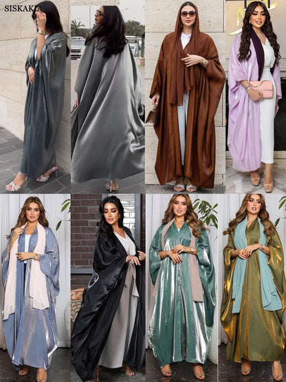 Siskakia Kimono Abayas for Women Modest Muslim Moroccan Dubai Fashion Casual Open Abaya Silk Satin Corban Eid Al Adha 2023 New