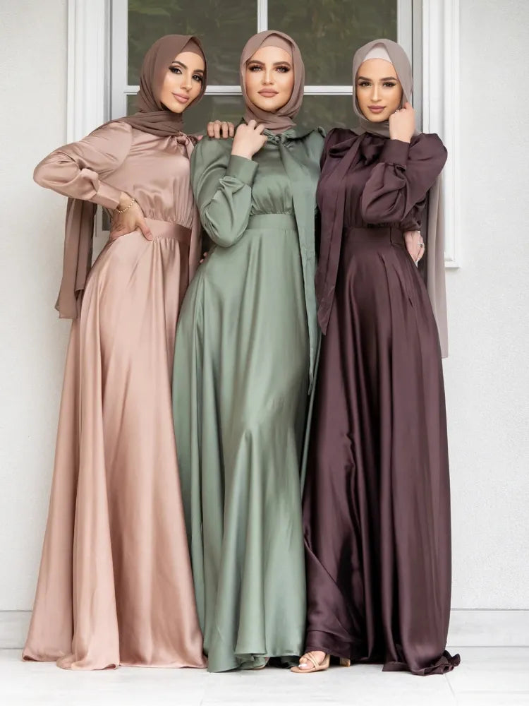 Muslim Women Dress Stain Abaya Morocco Caftan Dubai Lace-up Big Swing A-line Party Maxi Vestidos Kaftan Solid Long Dresses 2022