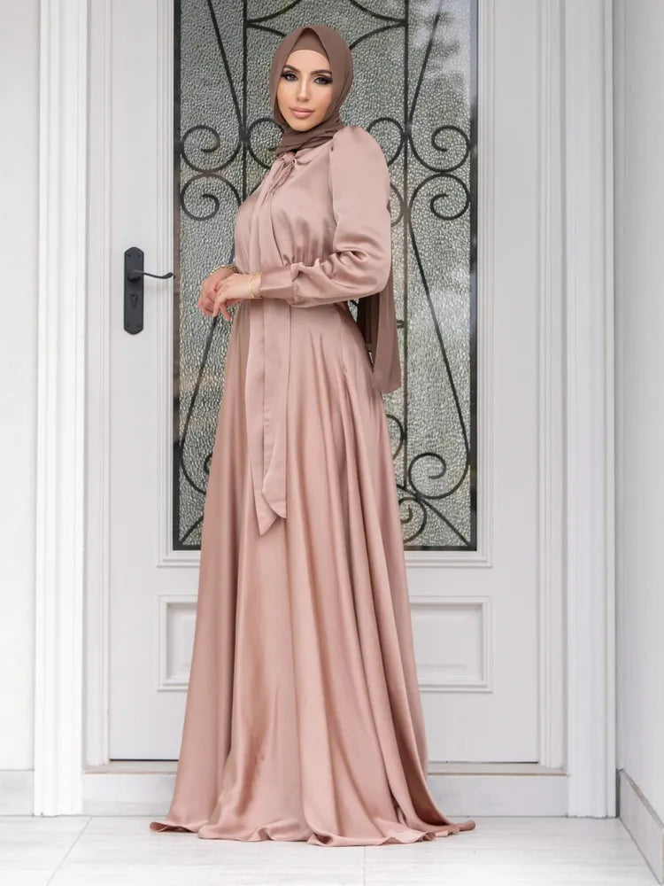 Muslim Women Dress Stain Abaya Morocco Caftan Dubai Lace-up Big Swing A-line Party Maxi Vestidos Kaftan Solid Long Dresses 2022