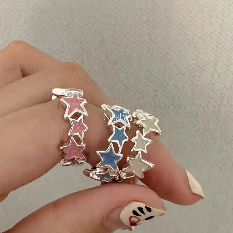 Colorful Enamel Pink Star Rings for Women Girls Cool Sweet Y2K Blue Twisted Star Open Ring Party Gifts Jewelry