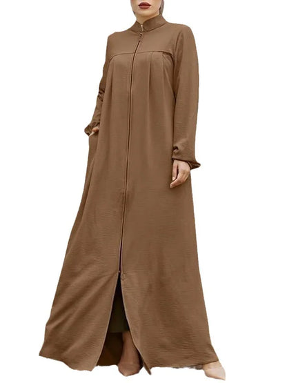 Jalabiya Dress Women Long Sleeve Muslim Eid Casual Solid Color Abaya Caftan Kaftan Dresses Ramadan Abayas Vestido Zipper Robe