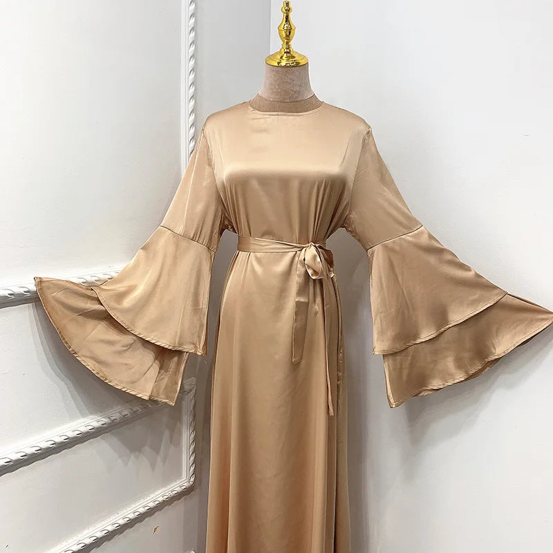 Maxi Satin Dress Muslim Modest Fashion Abaya High Quality Islamic Clothing Solid Color Flare Long Sleeve Women Dropshipping