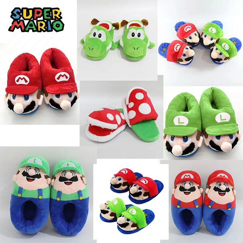 Anime nuevo figura Super Mario Luigi zapatillas de algodón invierno Kawaii pareja hogar creatividad mantener caliente suela gruesa zapatos de algodón regalo