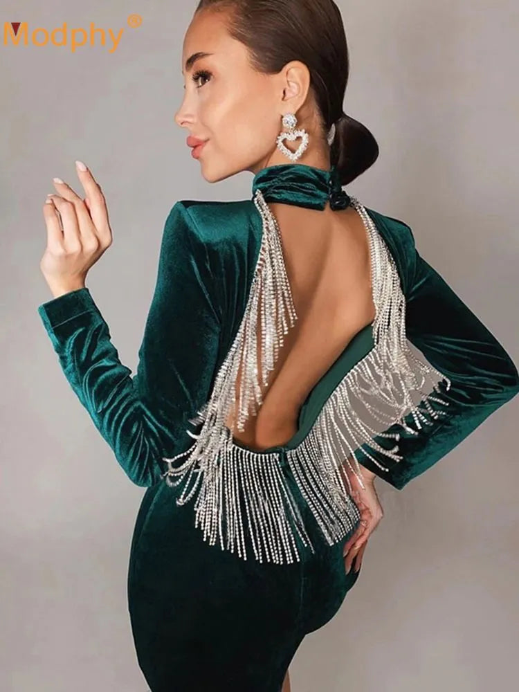 Sexy Backless Diamond Tassel Velvet Dress Women&