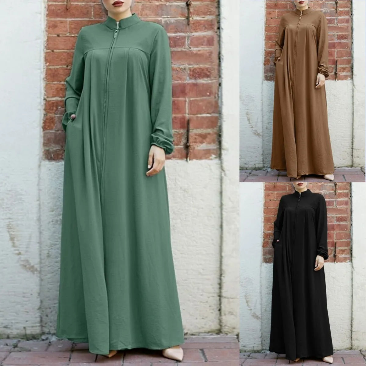 Jalabiya Dress Women Long Sleeve Muslim Eid Casual Solid Color Abaya Caftan Kaftan Dresses Ramadan Abayas Vestido Zipper Robe