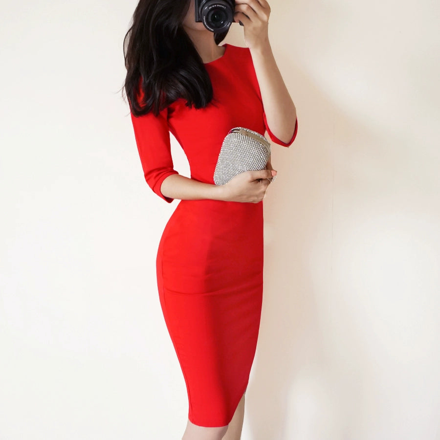 2023 autumn new temperament sexy slim red fashion slim three-quarter sleeve hip midi professional dress